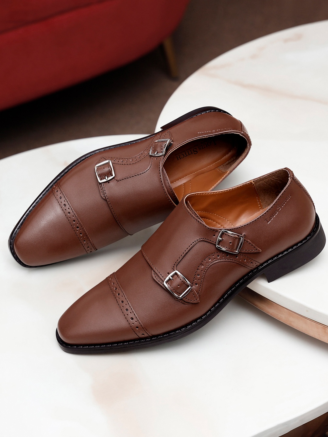 

LOUIS STITCH Men Tan Premium Italian Leather Formal Monk Shoes