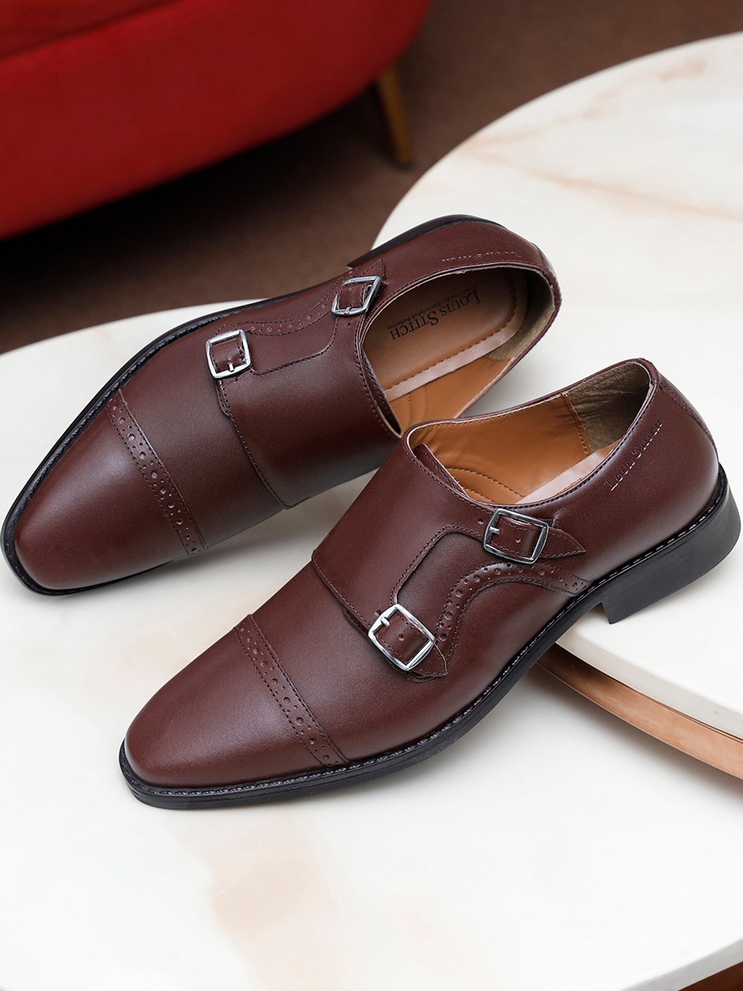 

LOUIS STITCH Men Rosewood Premium Italian Leather Formal Monk Shoes, Maroon