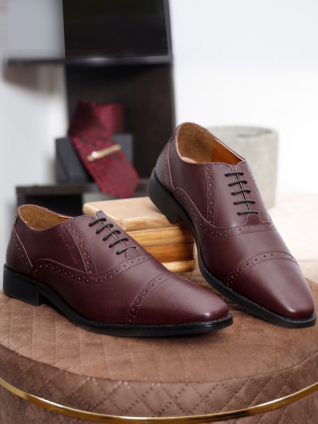 

LOUIS STITCH Men Rosewood Premium Italian Leather Formal Oxford Shoes, Maroon