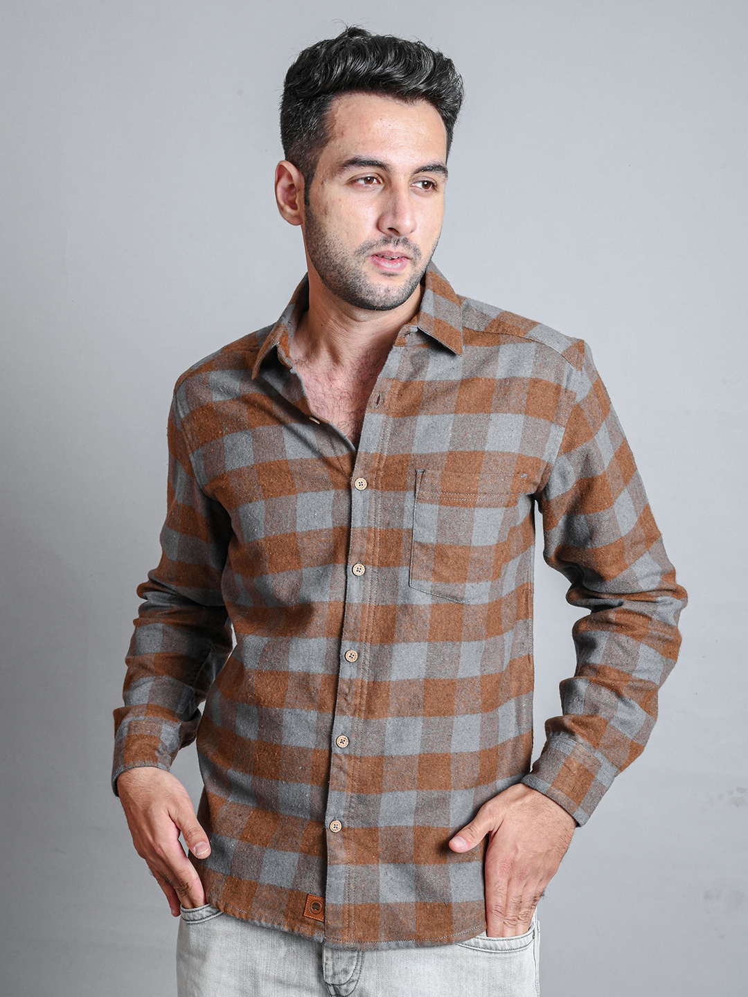 

BOMBAY TROOPER Comfort Buffalo Checks Cotton Casual Shirt, Brown