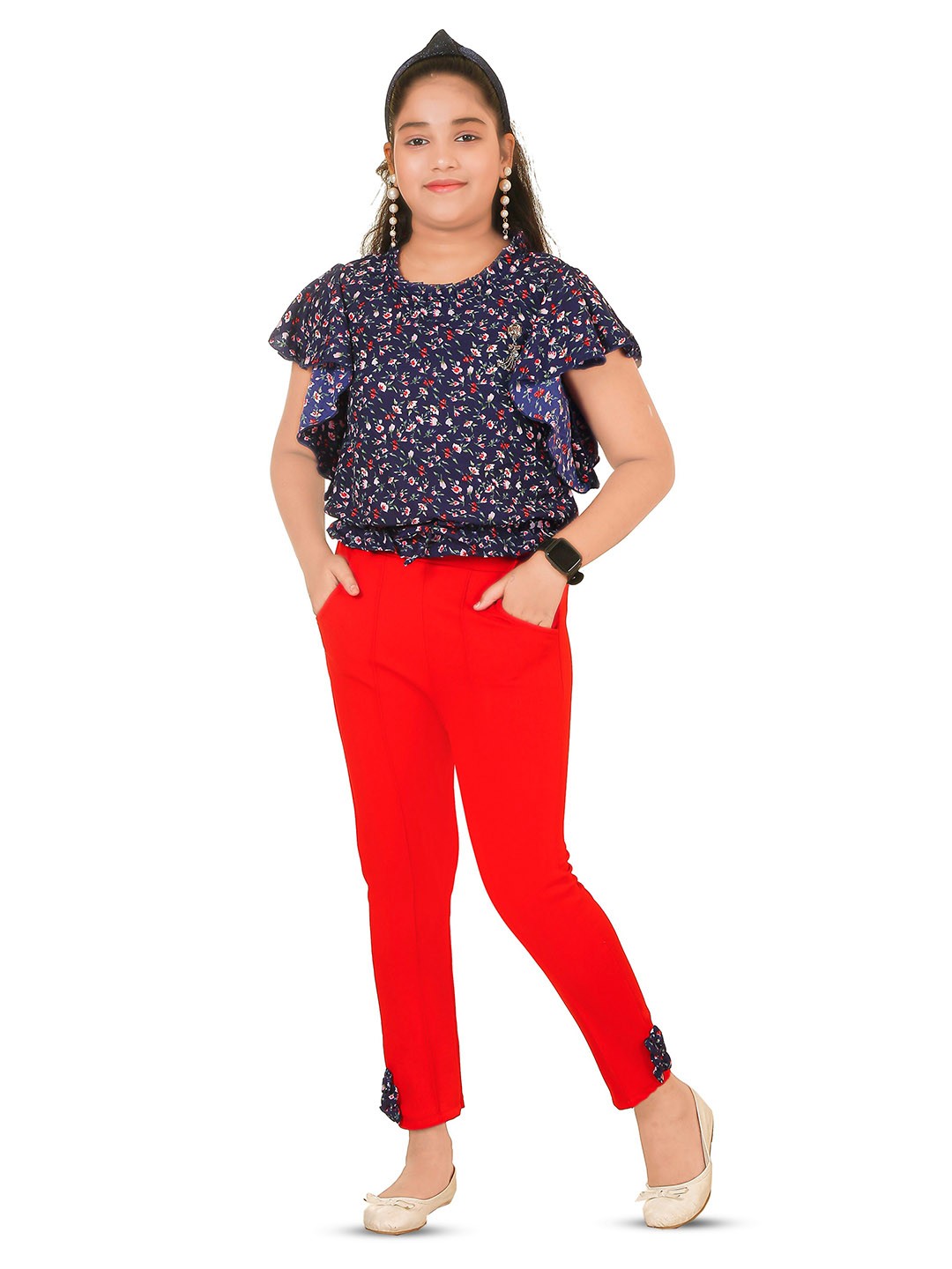 

BAESD Girls Printed Top With Trousers, Navy blue