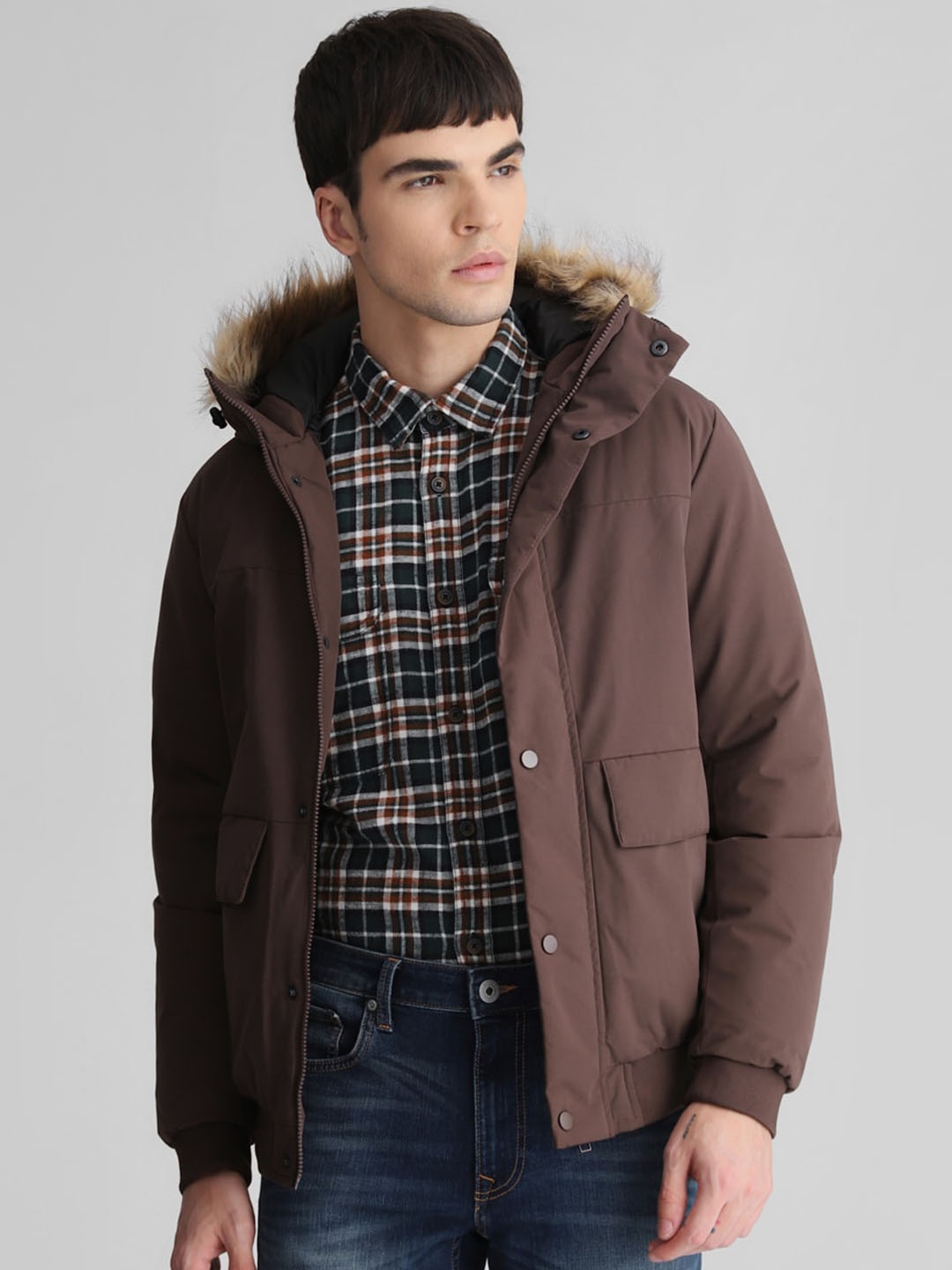 

Jack & Jones Solid Casual Parka Jacket With Faux Fur Trim, Brown