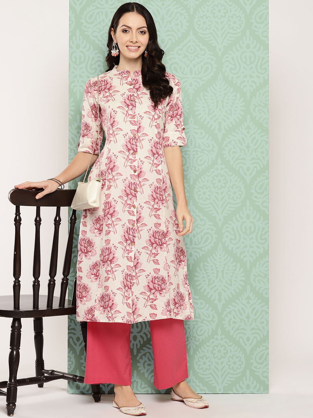 

ZOLA Floral Printed Roll-Up Sleeves Mandarin Collar Pathani Kurta, Pink