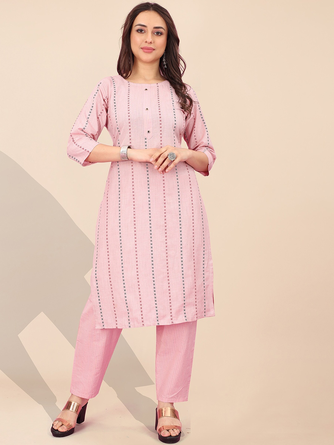 

KALINI Woven Design Regular Pure Cotton Kurta With Trousers, Pink