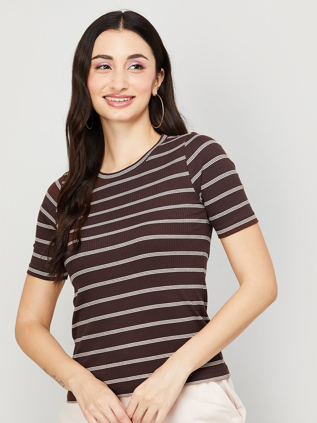 

CODE by Lifestyle Striped Round Neck Cotton Top, Brown