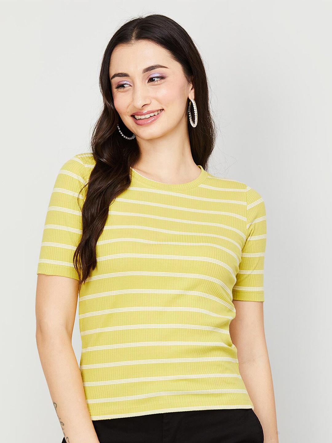 

CODE by Lifestyle Round Neck Striped Cotton Top, Yellow