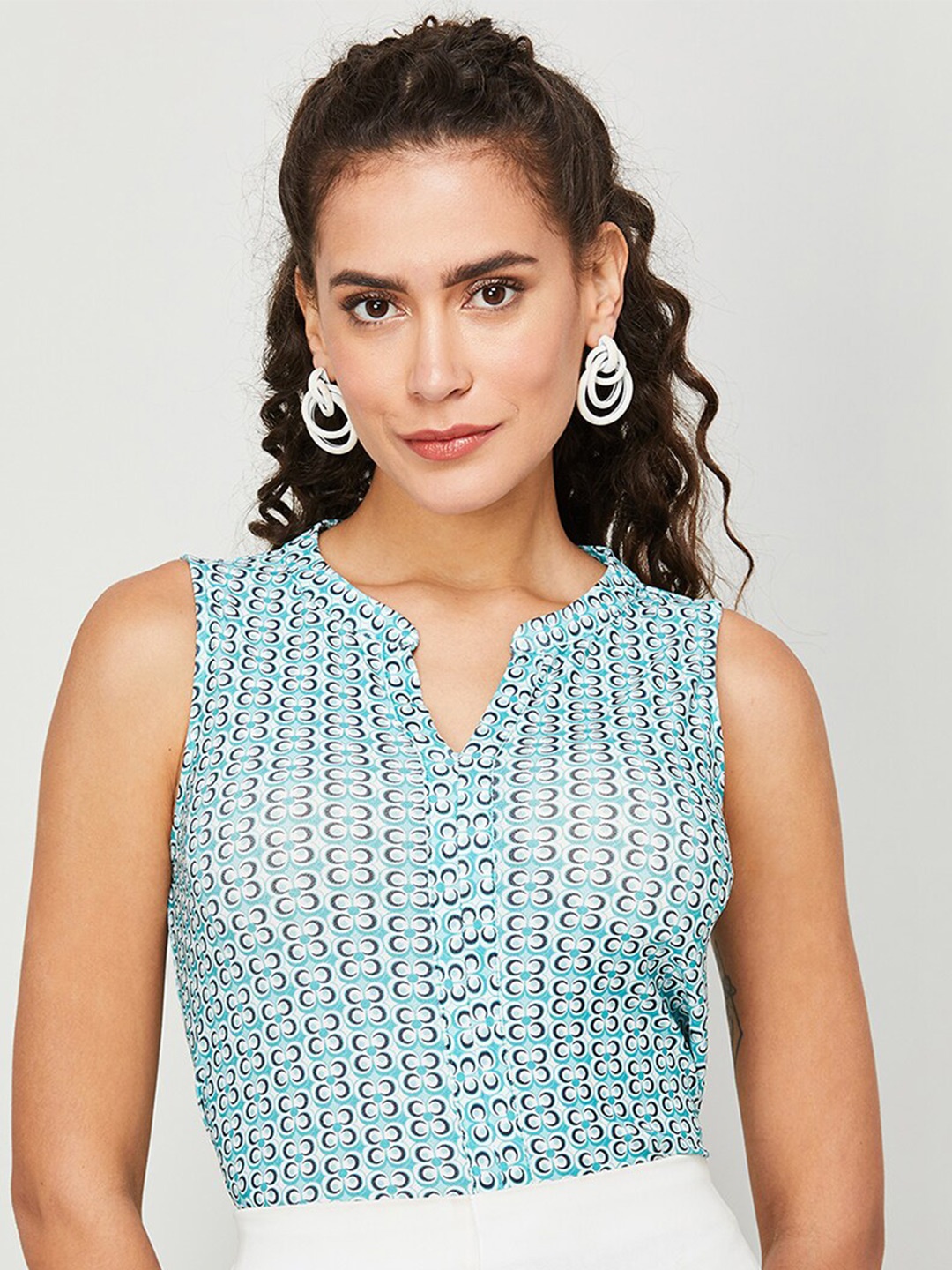 

CODE by Lifestyle Abstract Printed Mandarin Collar Top, Turquoise blue