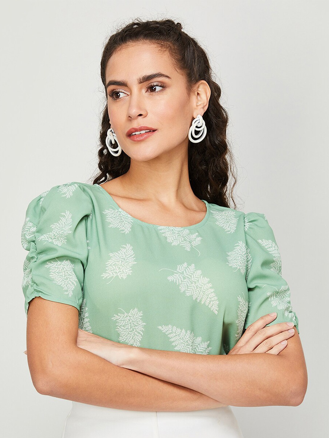

CODE by Lifestyle Floral Printed Ruched Sleeves Top, Green