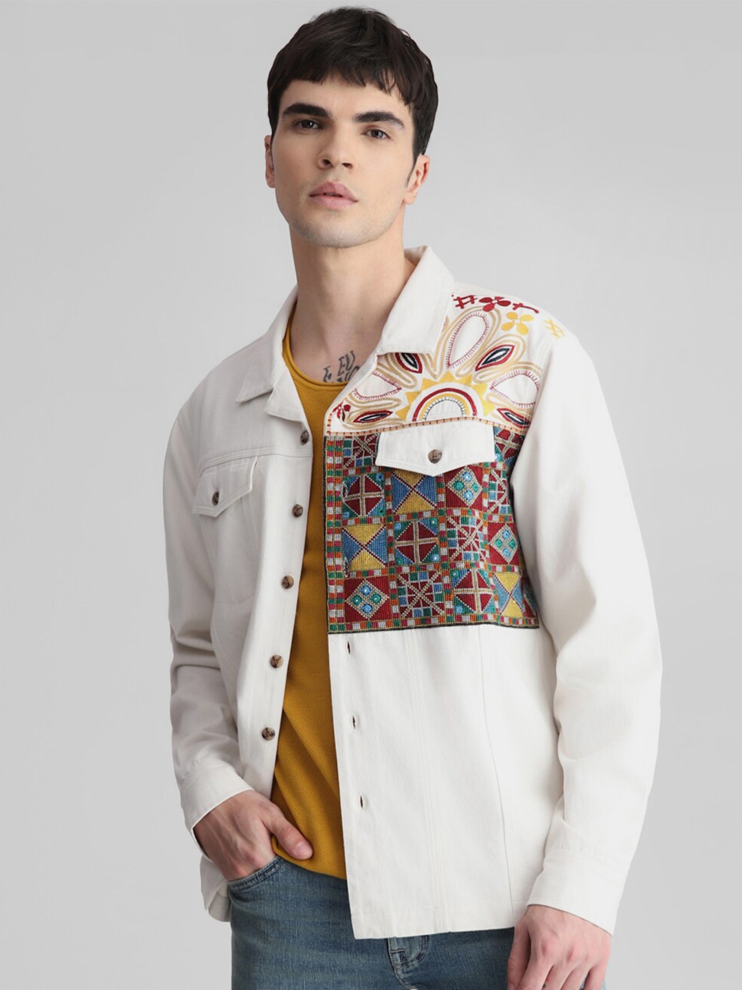 

Jack & Jones Ethnic Motifs Embroidered Cotton Casual Boxy Shirt, Off white