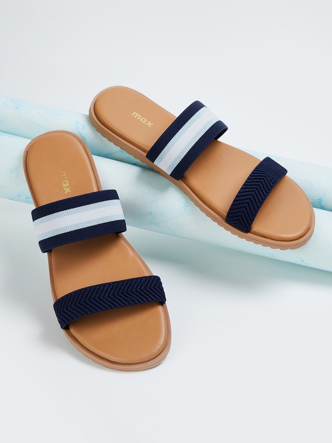 

max Striped Double Strap Open Toe Flats, Navy blue
