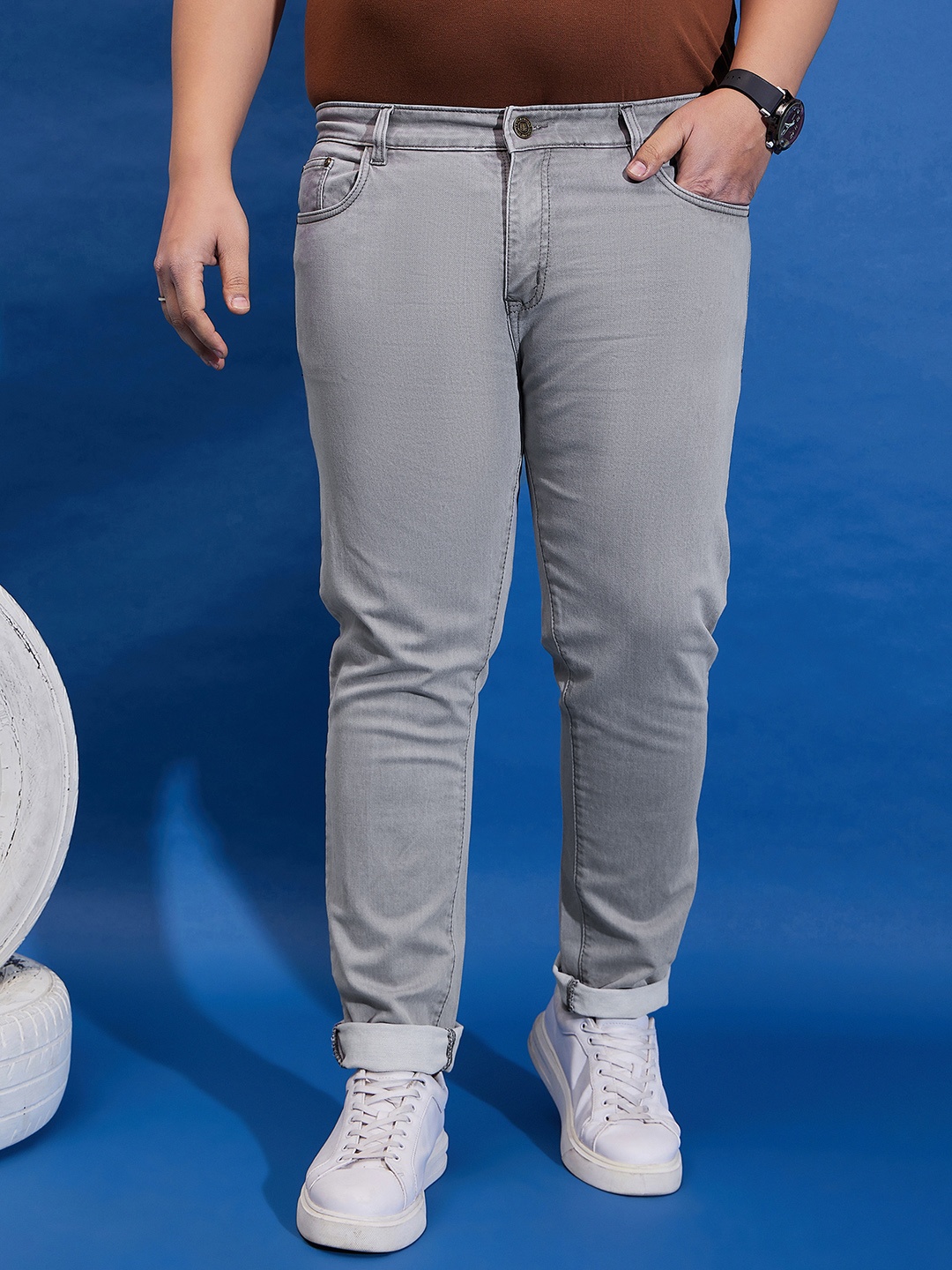 

bigbanana Men Plus Size Mid-Rise Clean Look Stretchable Jeans, Grey