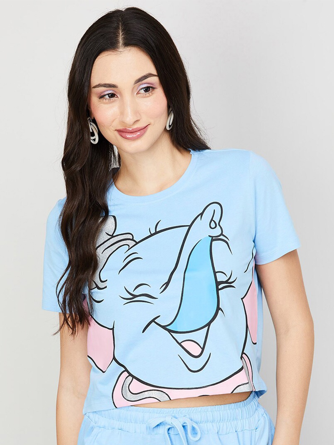 

Ginger by Lifestyle Graphic Printed Pure Cotton Crop Tshirt, Blue