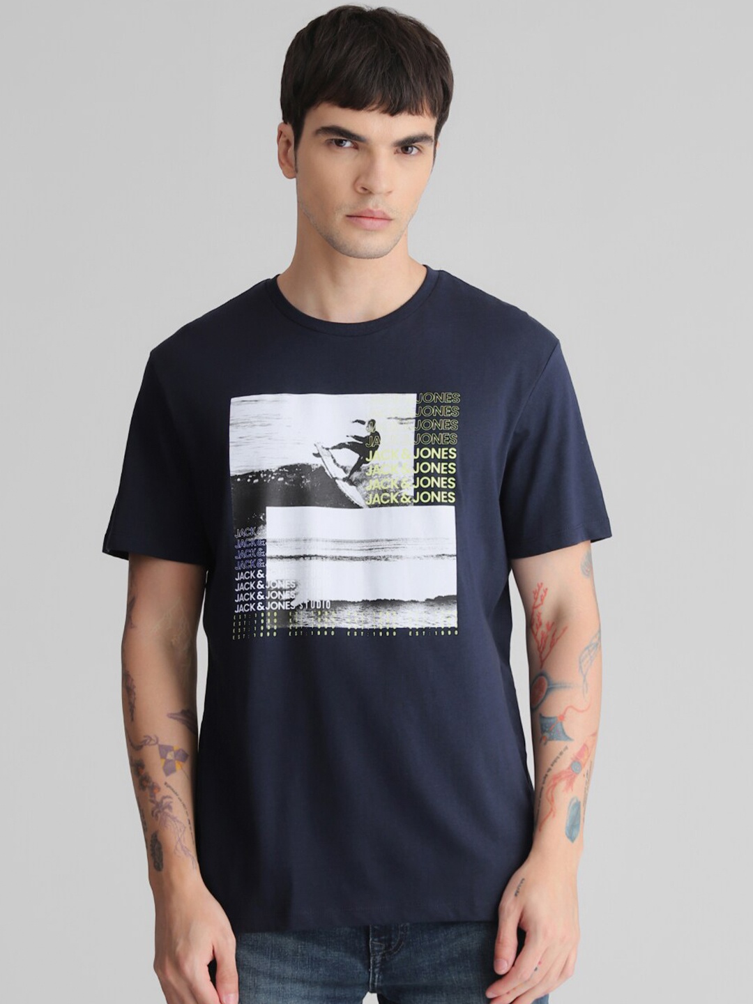 

Jack & Jones Graphic Printed Cotton Regular Fit T-shirt, Navy blue