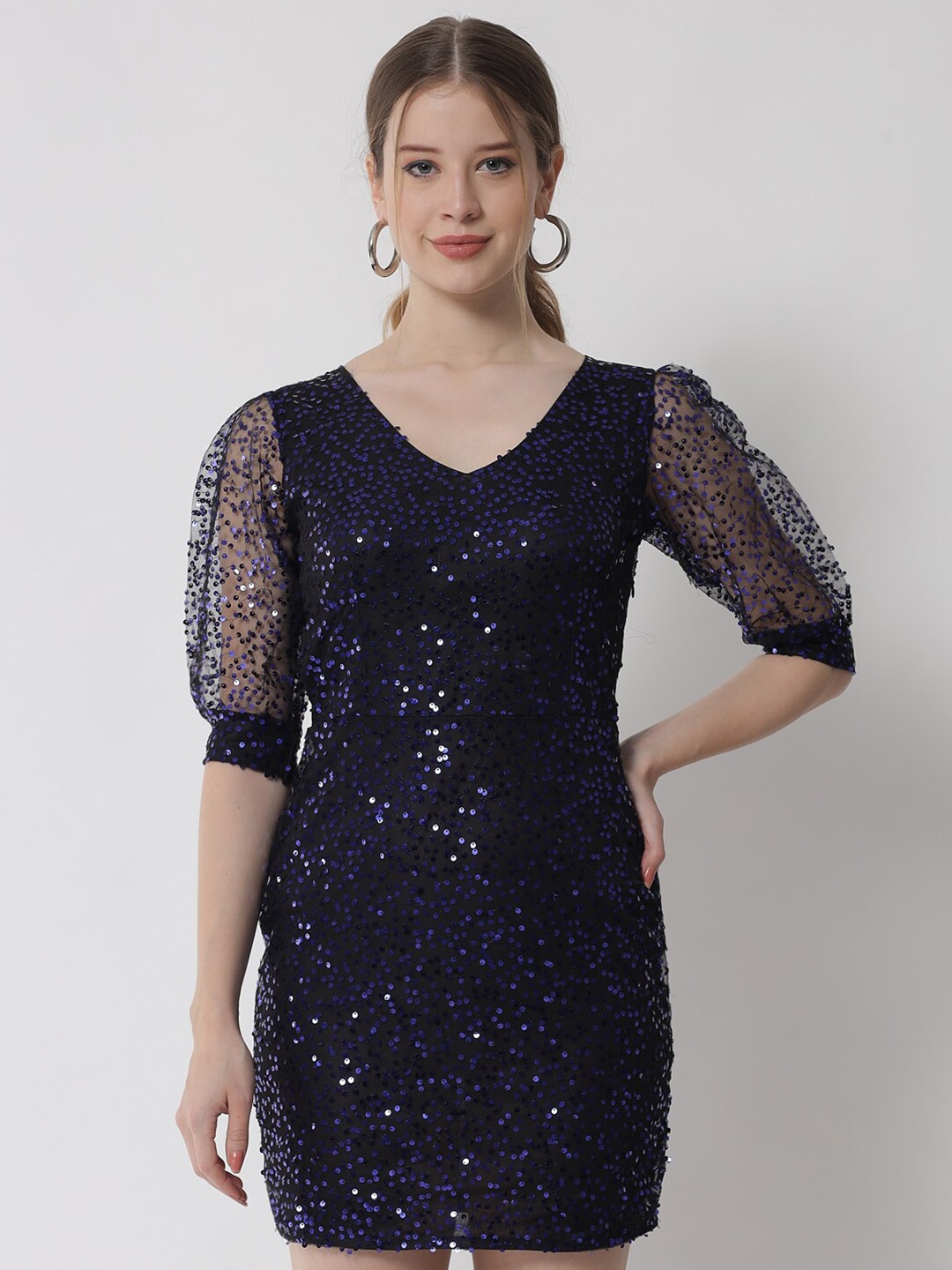 

Trend Arrest Embellished Puff Sleeves Sequined Detailed Sheath Mini Dress, Blue