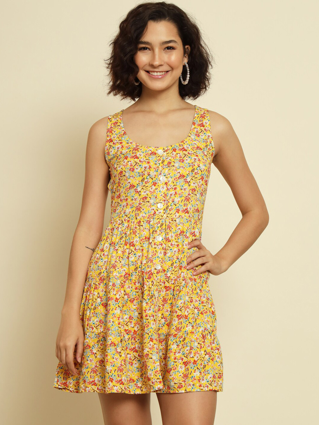 

Trend Arrest Floral Printed Shoulder Straps A-Line Dress, Yellow