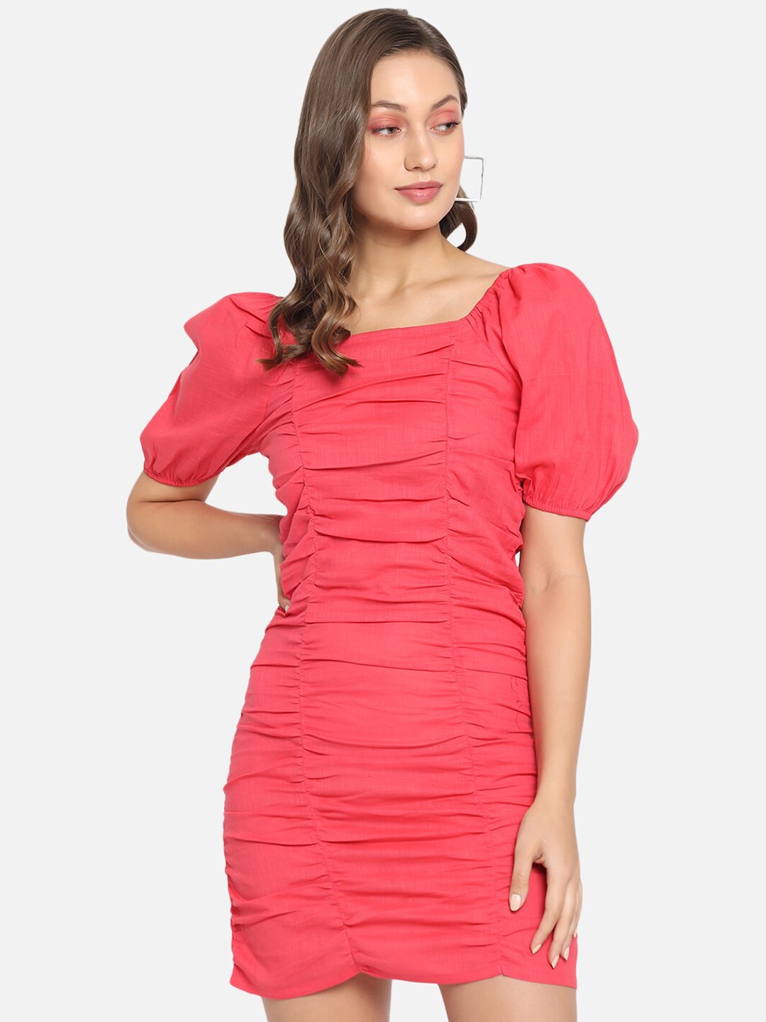 

Trend Arrest Puff Sleeves Gathered detailed Sheath Dress, Pink