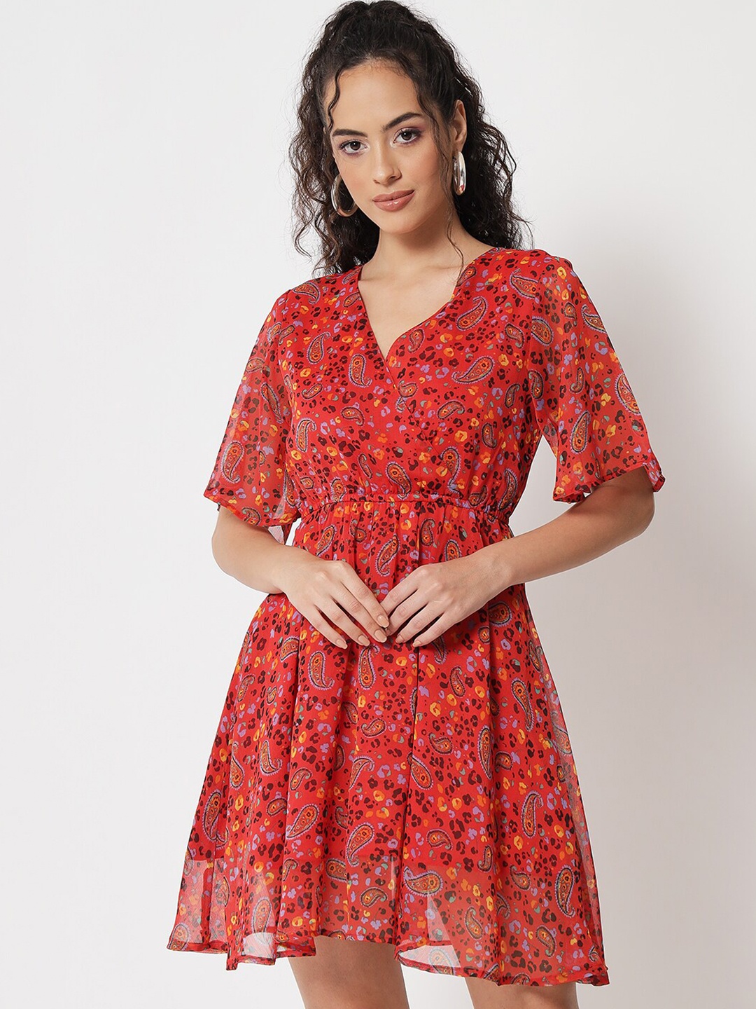 Trend Arrest Ethnic Motifs Printed Flared Sleeve Fit & Flare Dress, Red