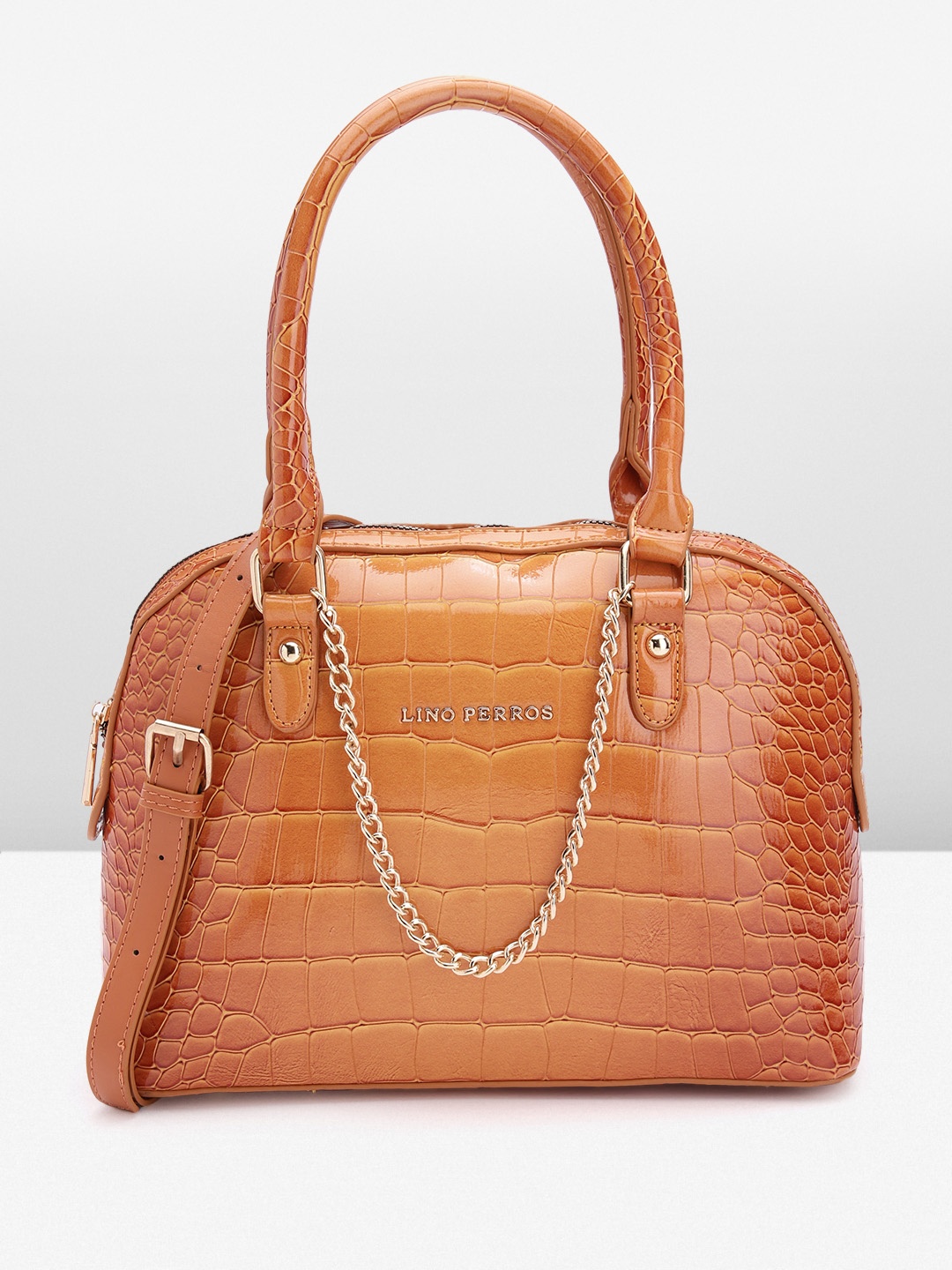 

Lino Perros Women Croc Textured Structured Shoulder Bag with Chain Detail, Tan