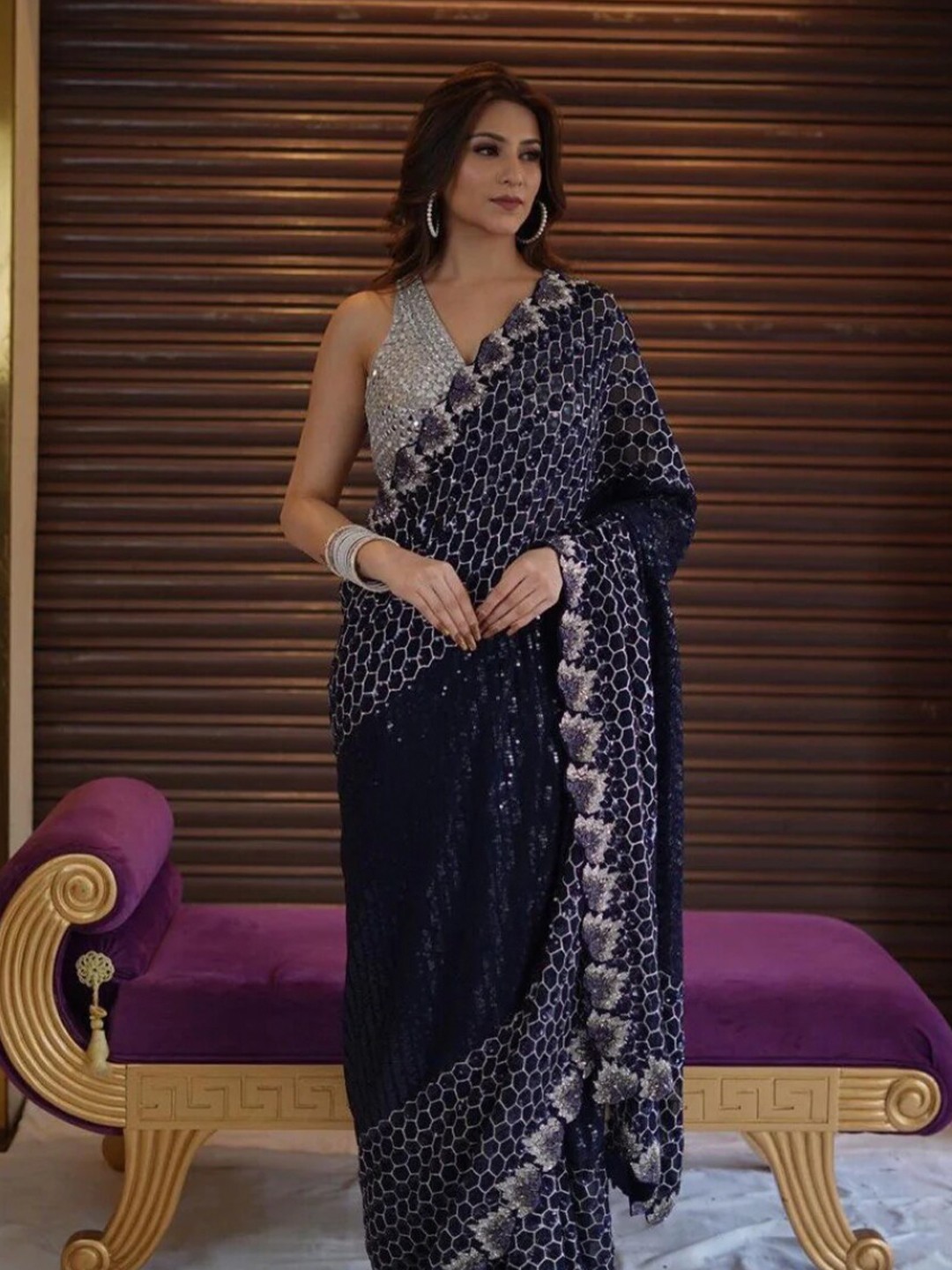 

Angroop Embellished Sequinned Poly Georgette Saree, Navy blue