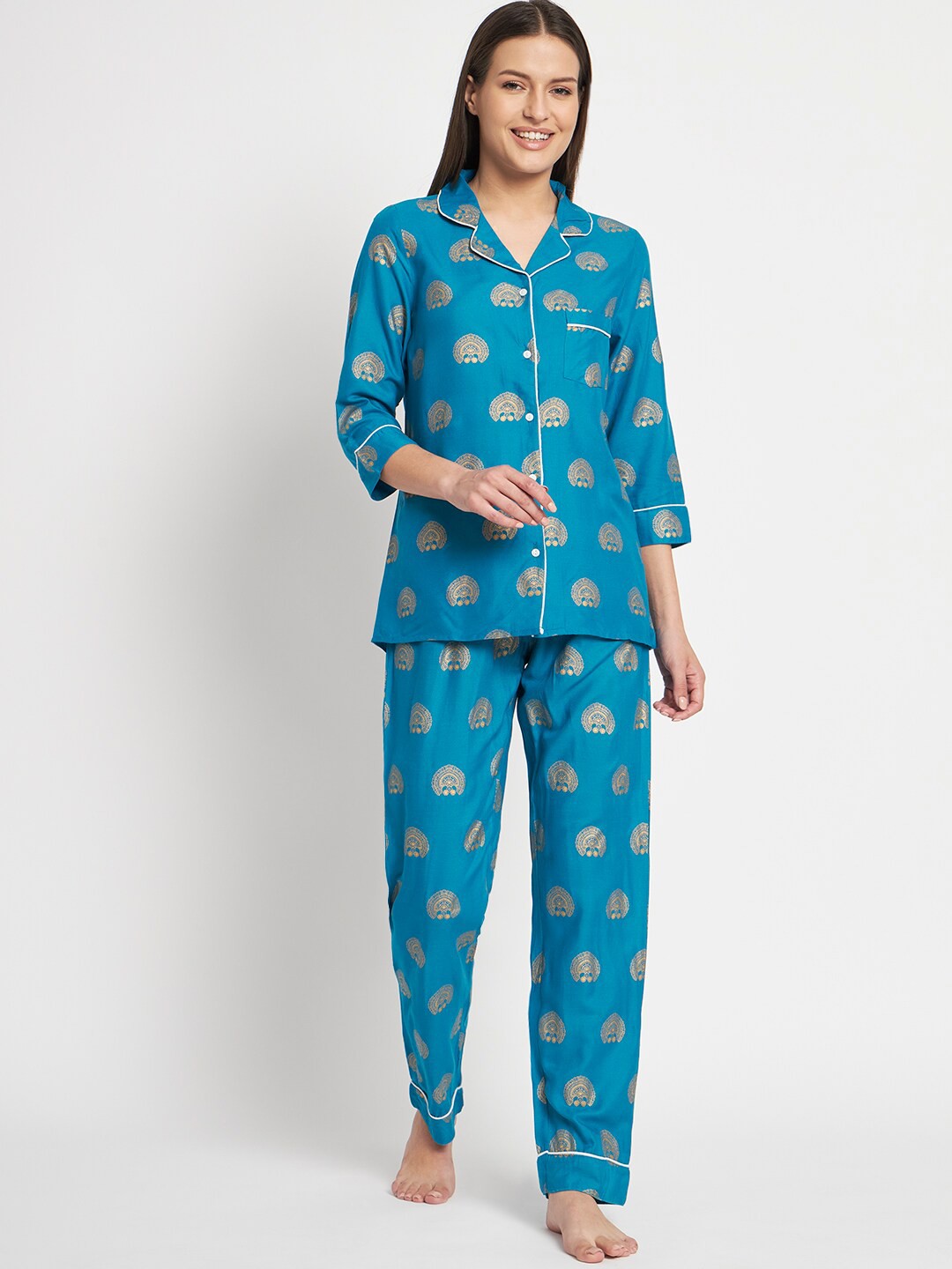 

Kashana Ethnic Motif Printed Night suit, Blue