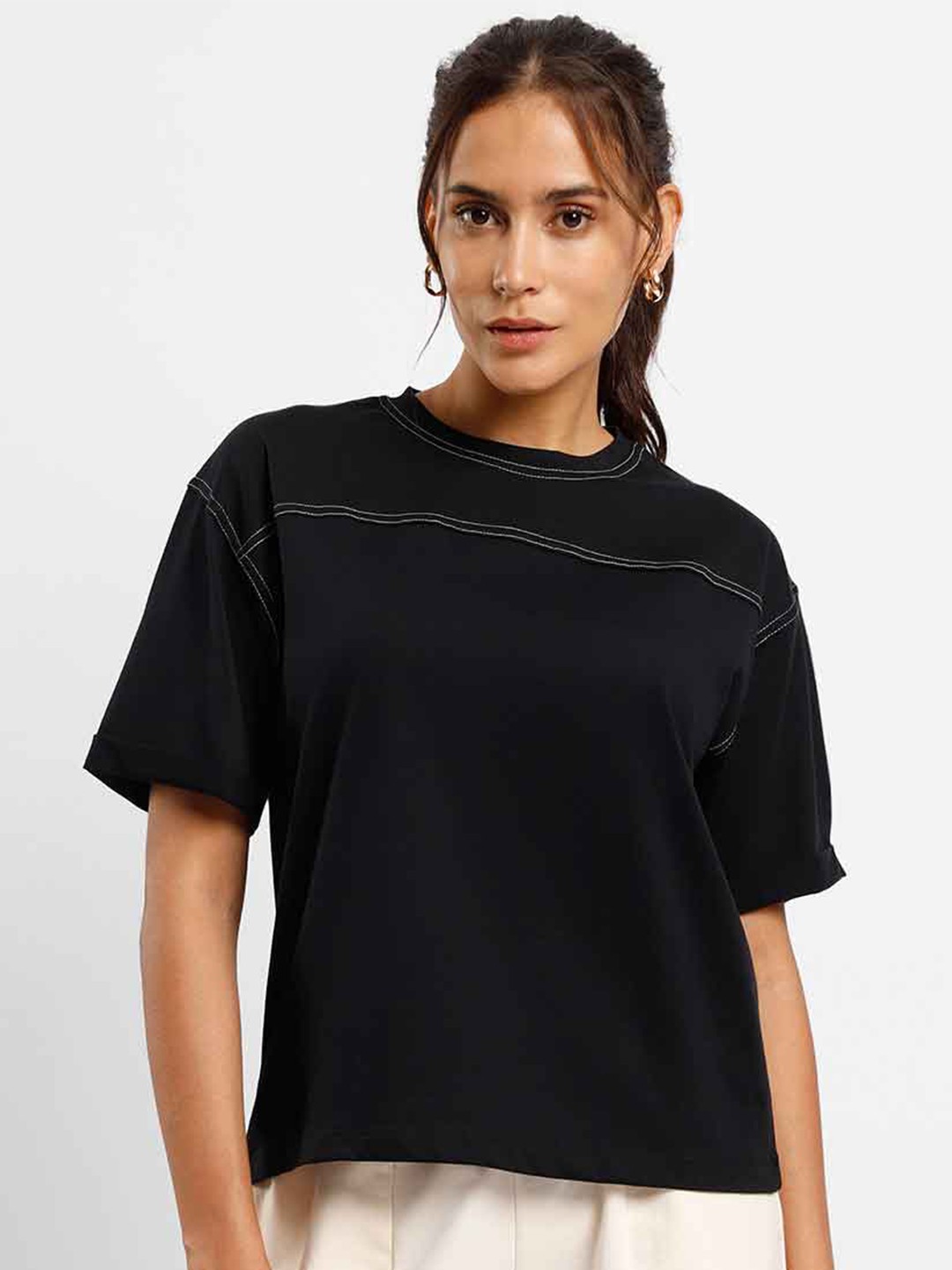 

NOBERO High Neck Drop Shoulder Sleeves Regular Fit Casual T-shirt, Black