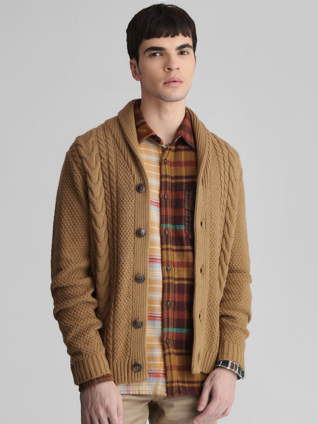 

Jack & Jones Cable Knit Acrylic Cardigan, Brown
