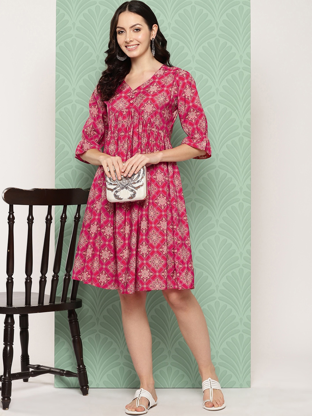

ZOLA Pink Ethnic Motifs Print Puff Sleeve A-Line Dress