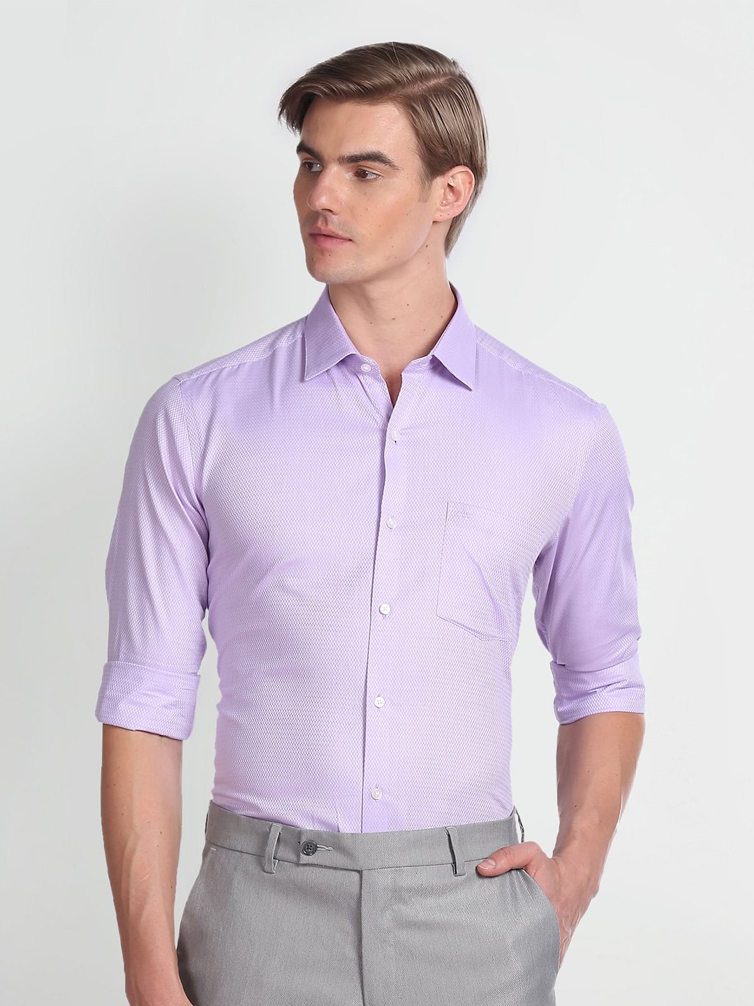 

Arrow Textured Self Design Dobby Slim Fit Pure Cotton Formal Shirt, Purple