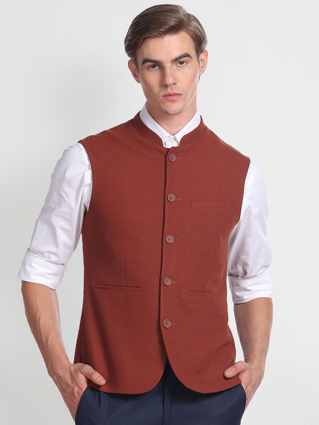 

Arrow Mandarin Collar Slim Fit Nehru Jacket, Rust