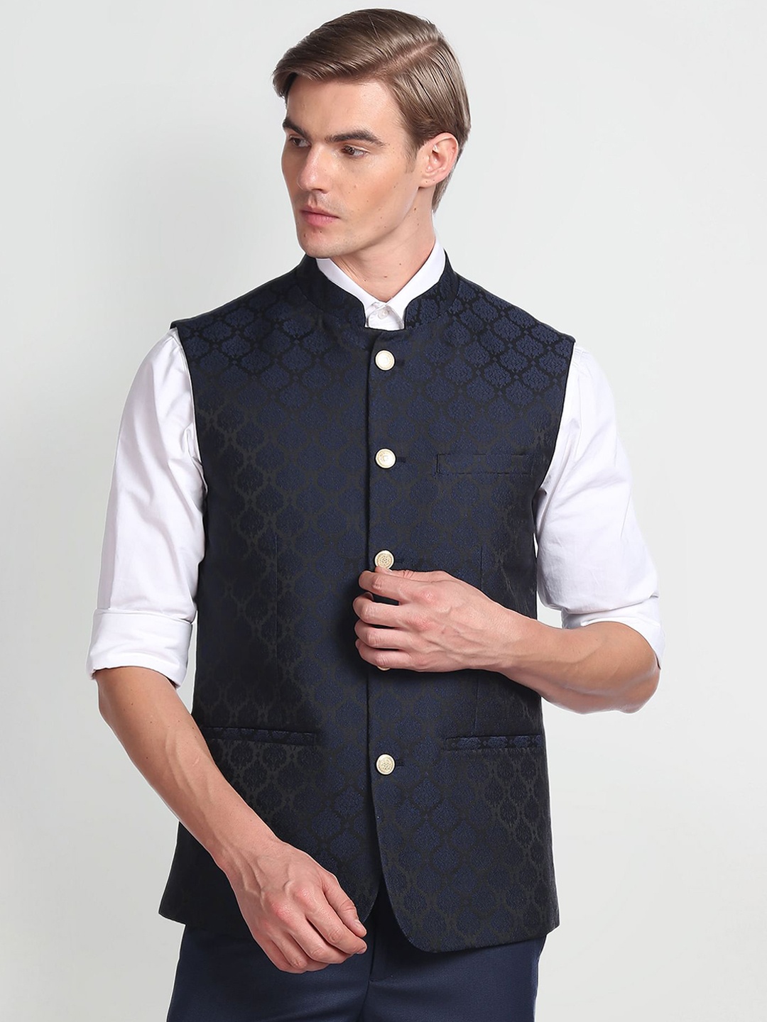 

Arrow Woven Design Mandarin Collar Nehru Jacket, Navy blue