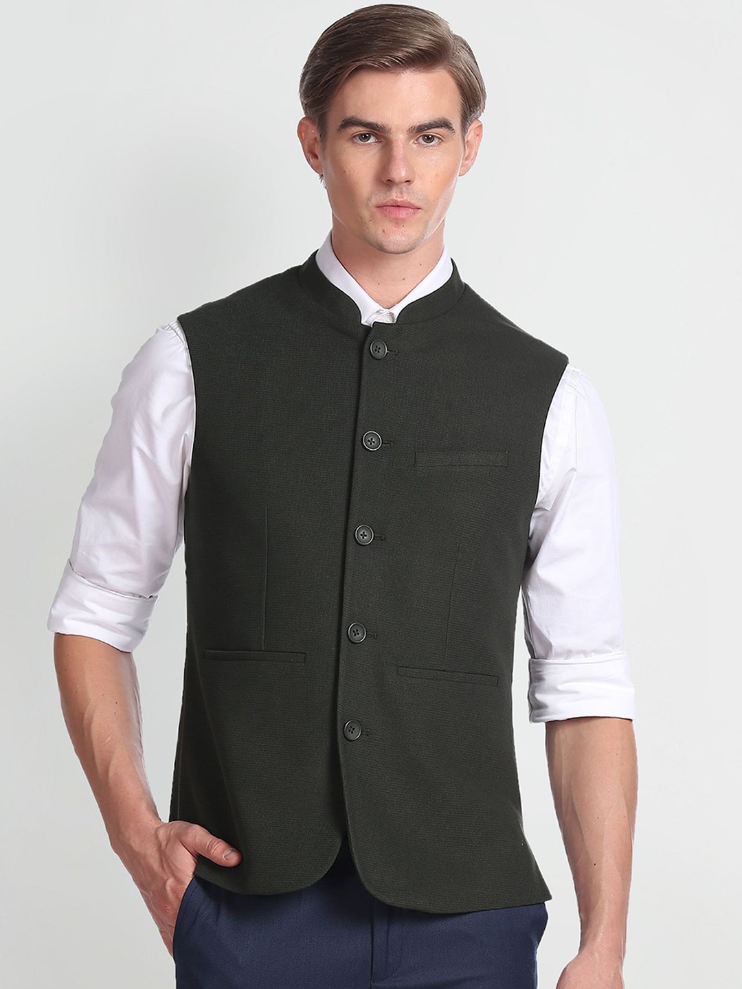 

Arrow Mandarin Collar Self-Design Nehru Jacket, Olive