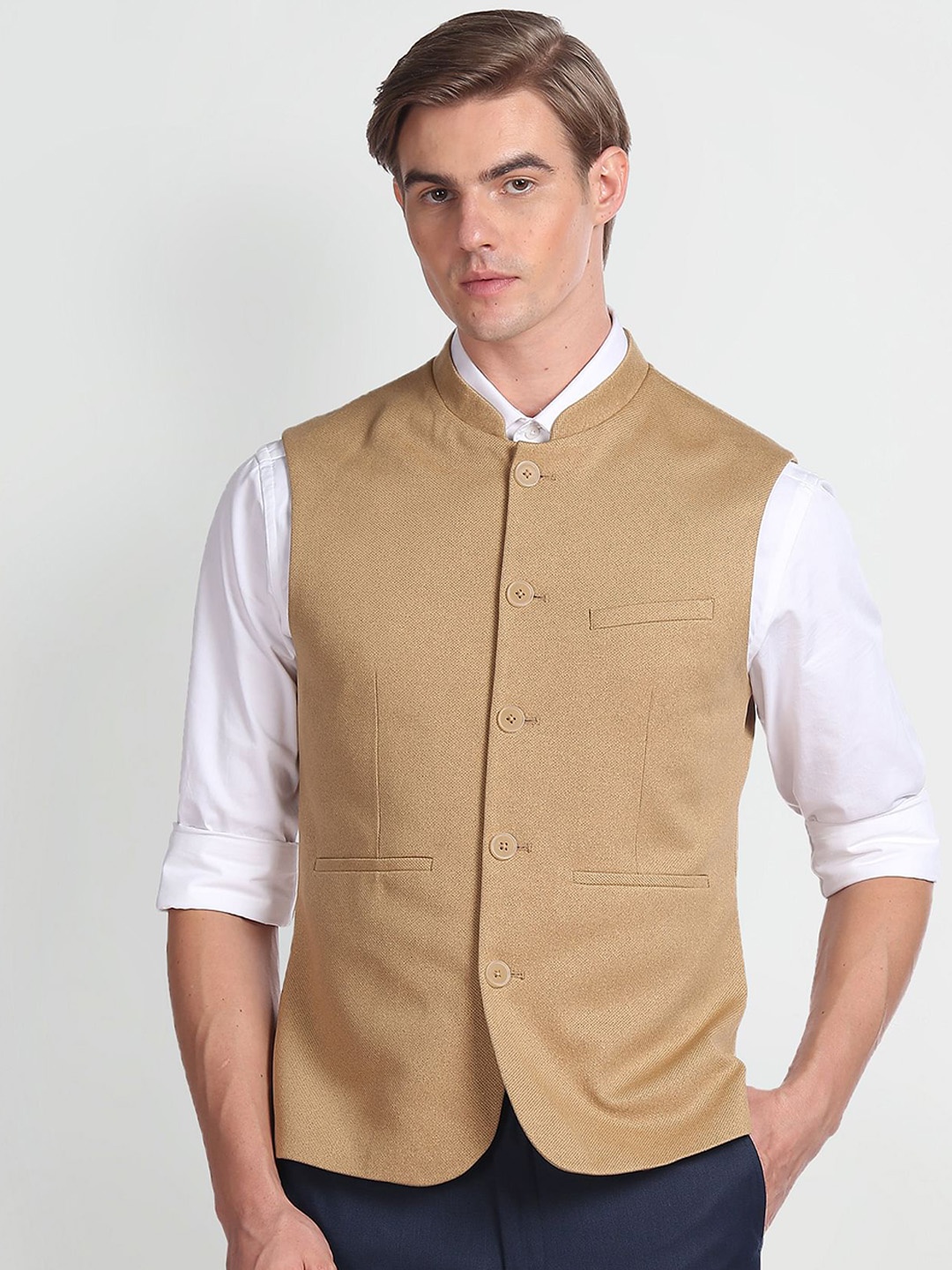 

Arrow Mandarin Collar Woven Slim Fit Nehru Jacket, Camel brown