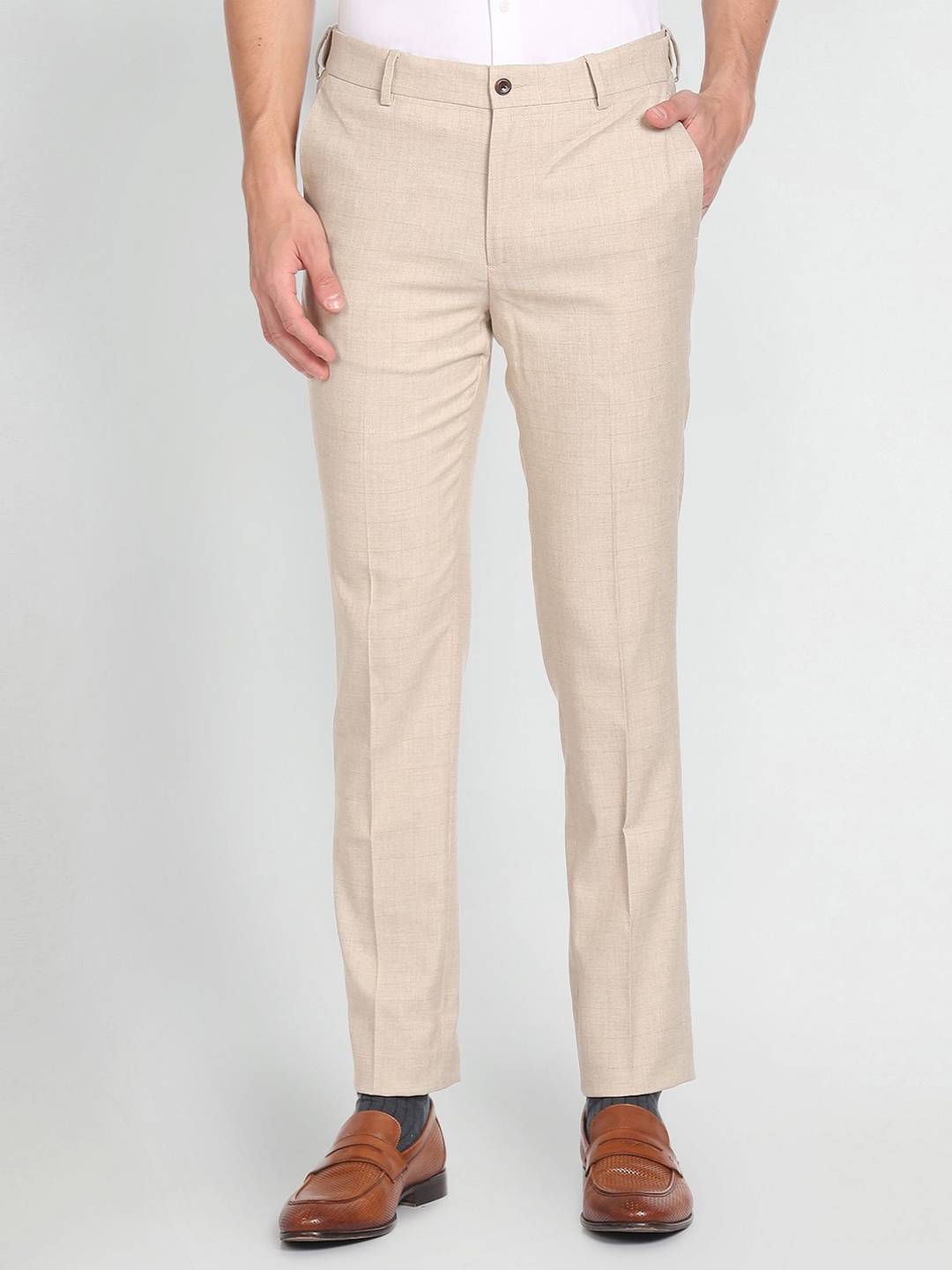 

Arrow New York Men Windowpane Checks Dobby Formal Trousers, Beige