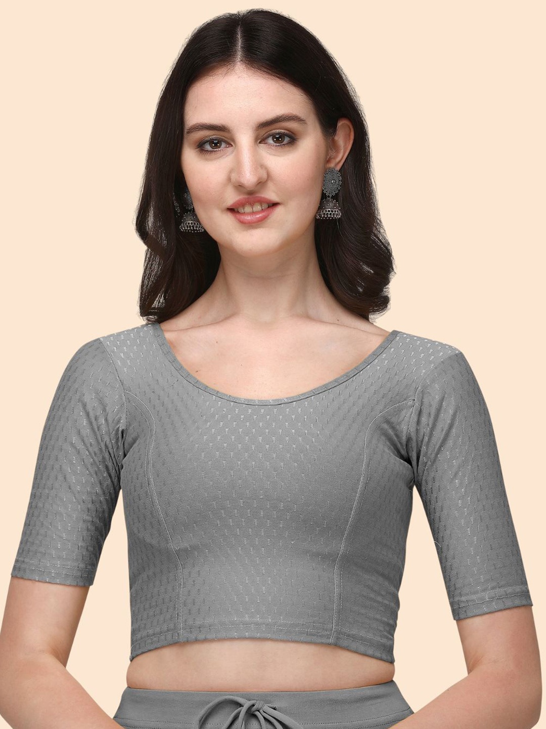 

HERE&NOW Woven Design Round Neck Saree Blouse, Grey