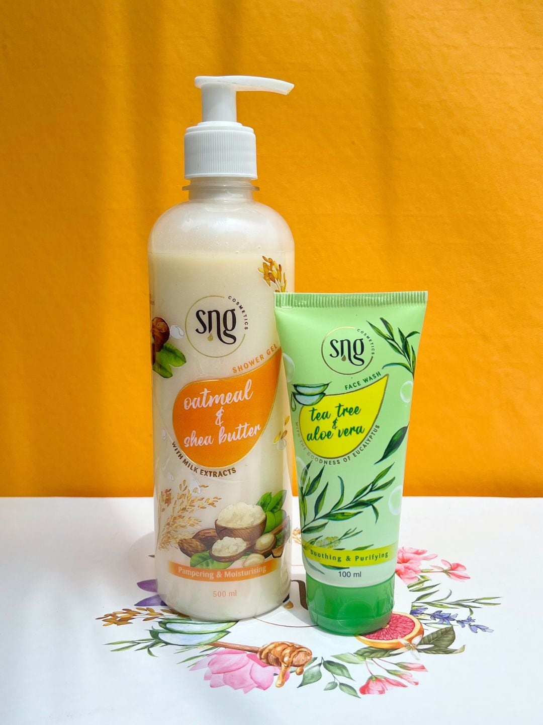 

SNG Cosmetics Set Of 2 Tea Tree Facewash-100ml & Oatmeal & Shea Butter Shower Gel-500ml, Off white