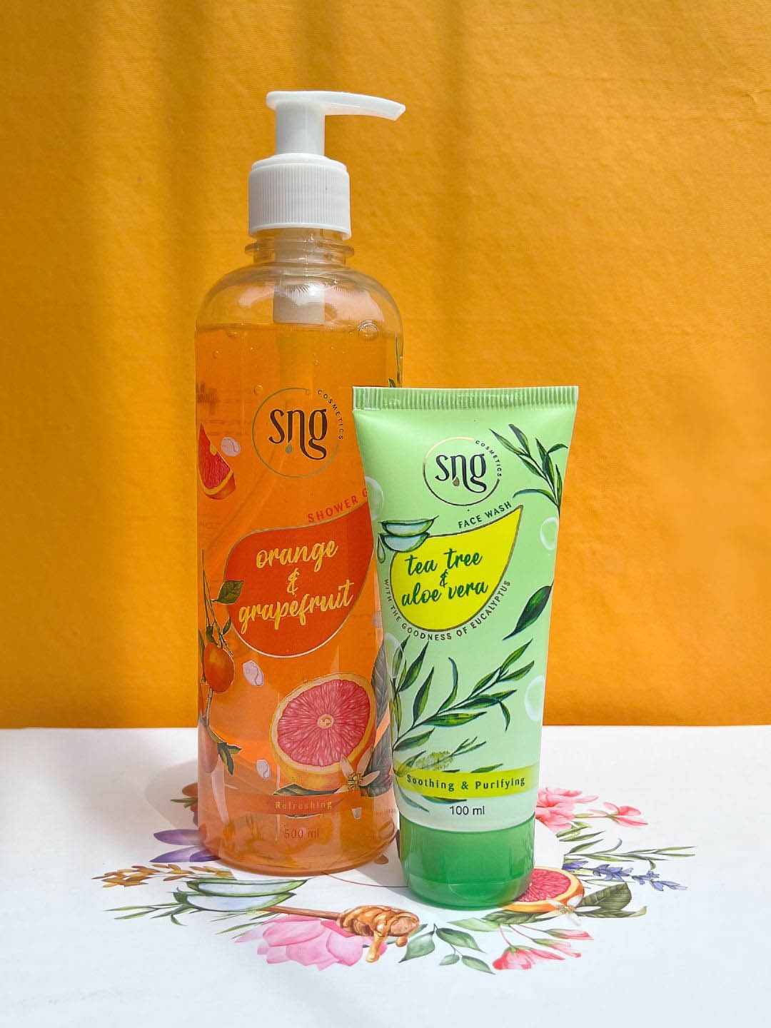 

SNG Cosmetics Set Of 2 Tea Tree & Aloevera Facewash-100ml & Orange Shower Gel -500ml