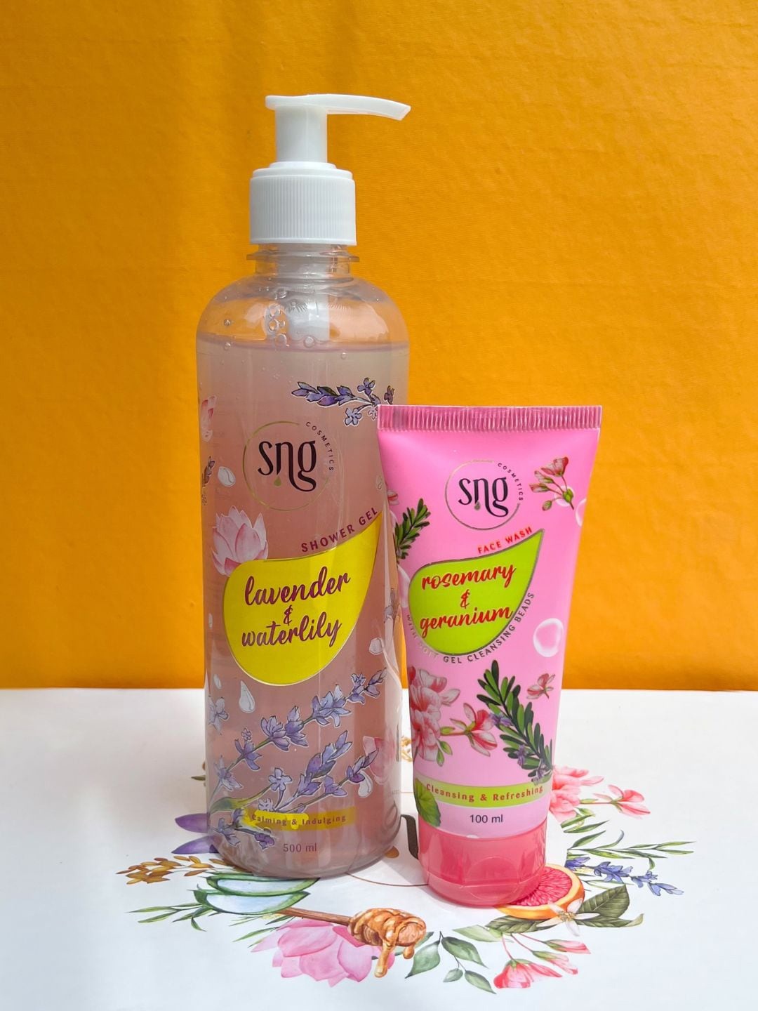 

SNG Cosmetics Rosemary-Geranium Face Wash 100ml with Lavender-Waterlily Shower Gel 500ml