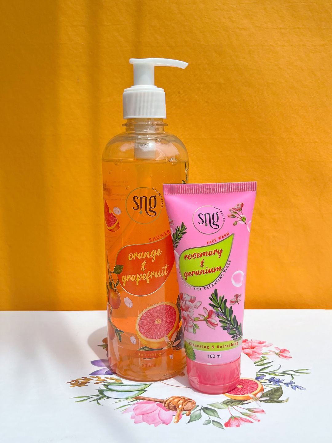 

SNG Cosmetics Rosemary-Geranium Face Wash 100ml with Orange-Grapefruit Shower Gel 500ml