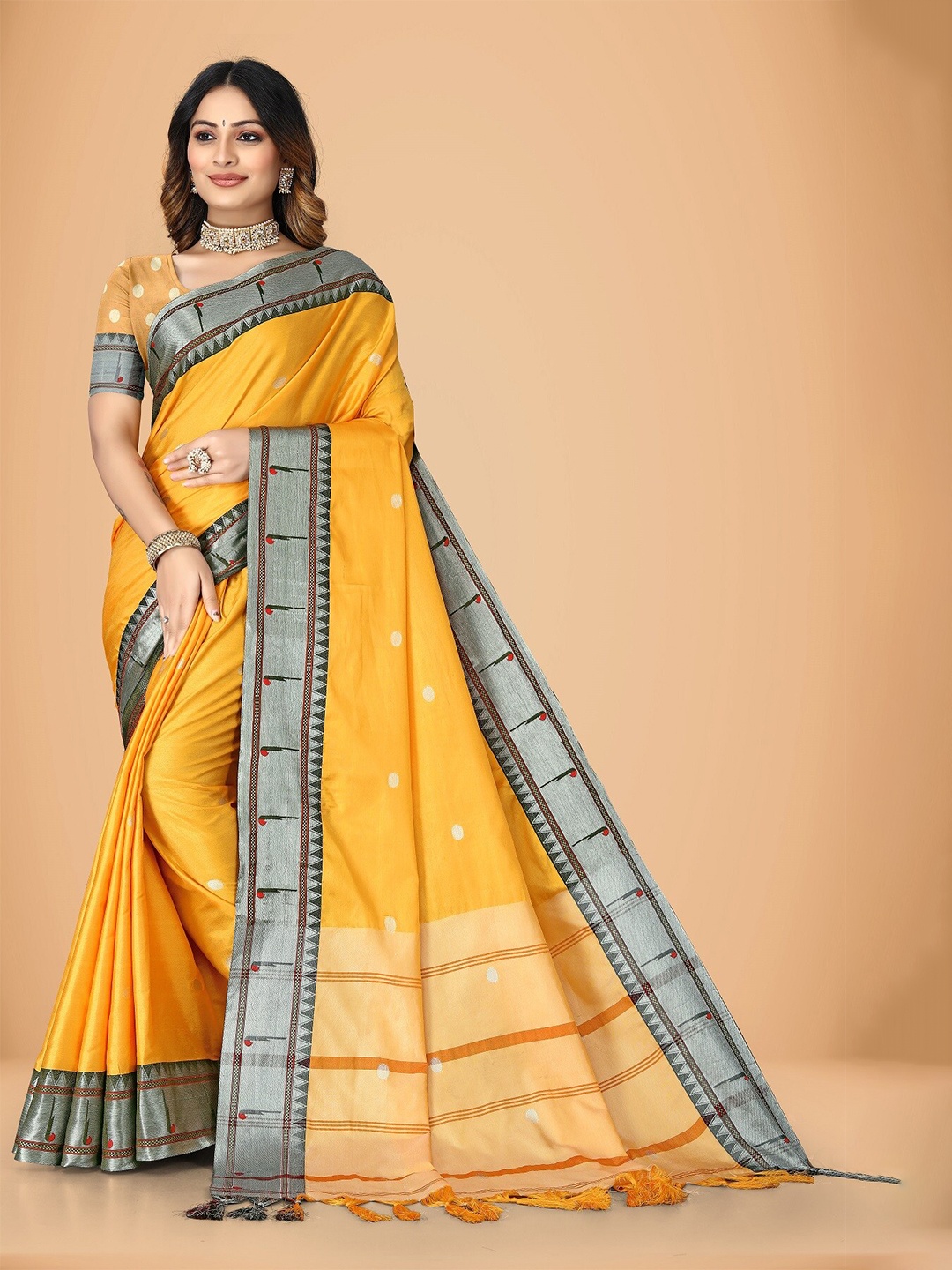 

Rivana Polka Dots Printed Zari Silk Cotton Banarasi Saree, Yellow