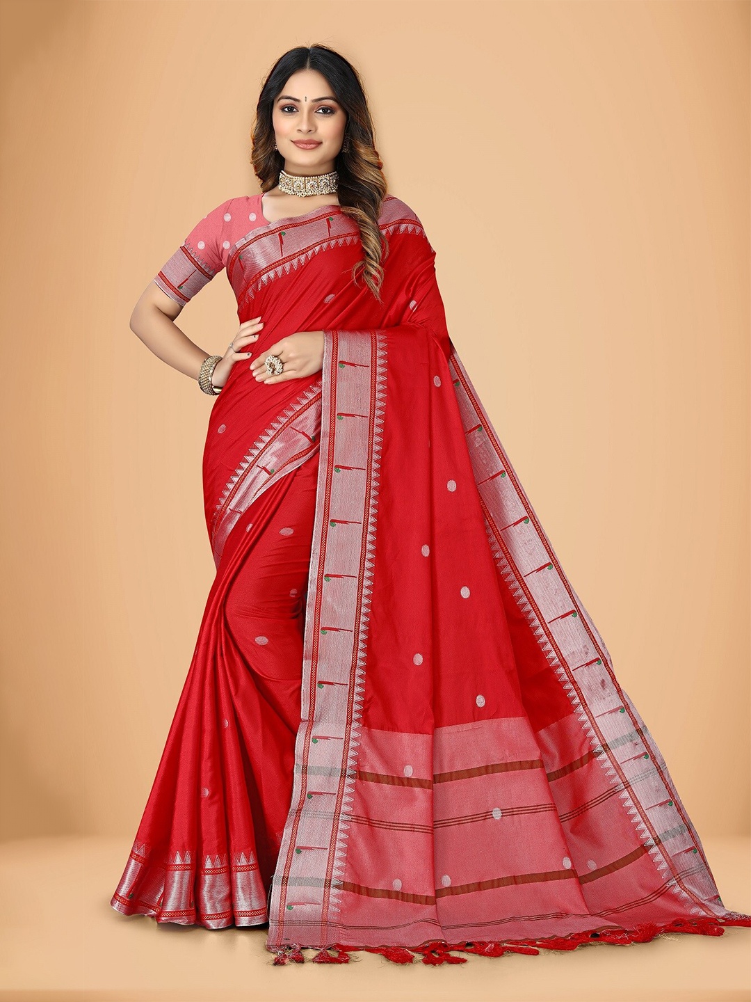 

Rivana Polka Dots Woven Design Zari Silk Cotton Paithani Saree, Red
