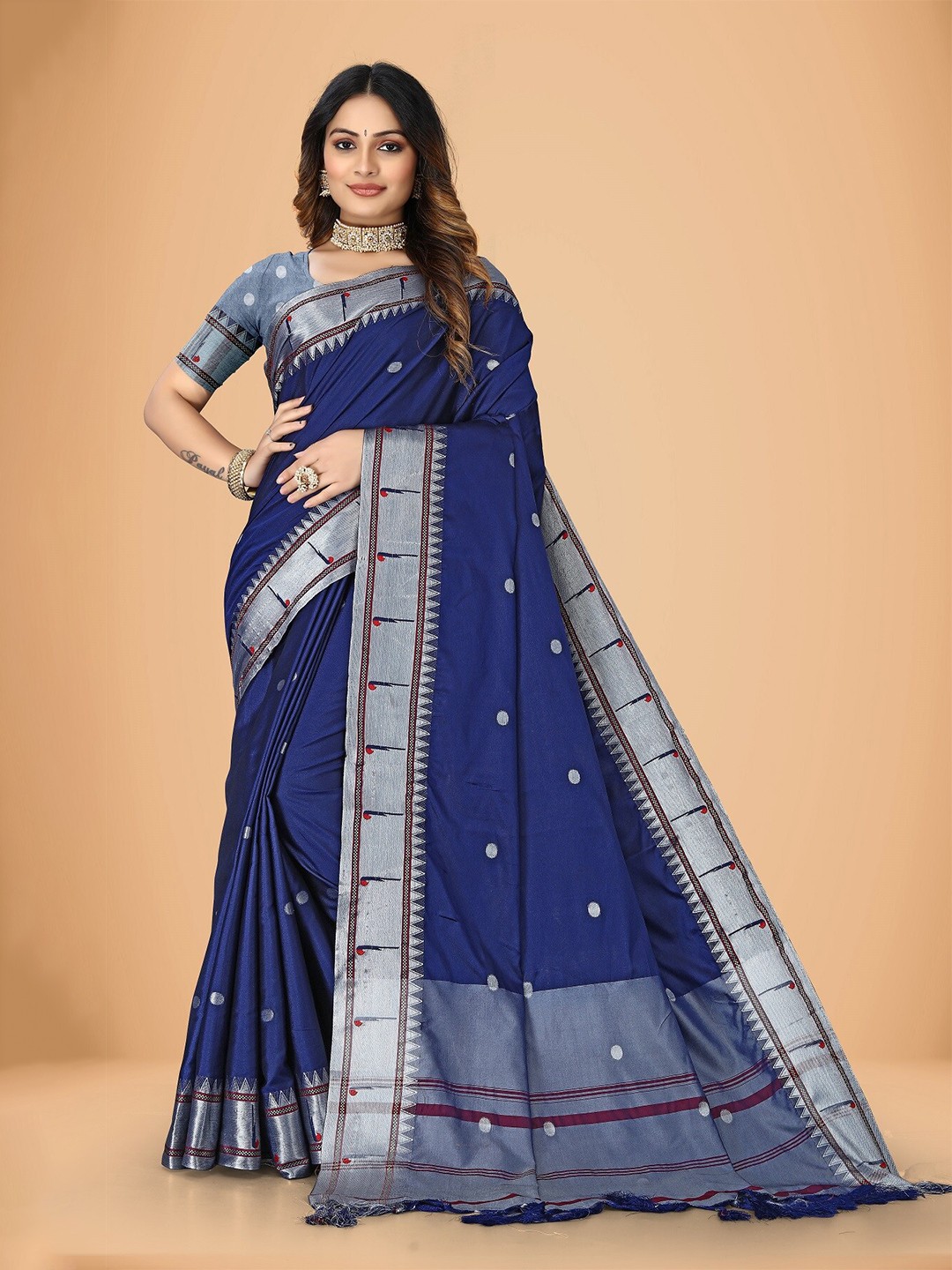 

Rivana Polka Dots Woven Design Zari Silk Cotton Paithani Saree, Navy blue