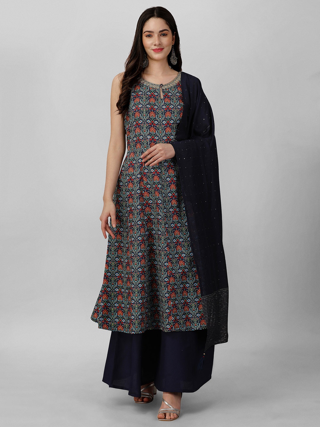 

Nivah Fashion Floral Printed Regular Anarkali Kurta & Palazzos With Dupatta, Navy blue