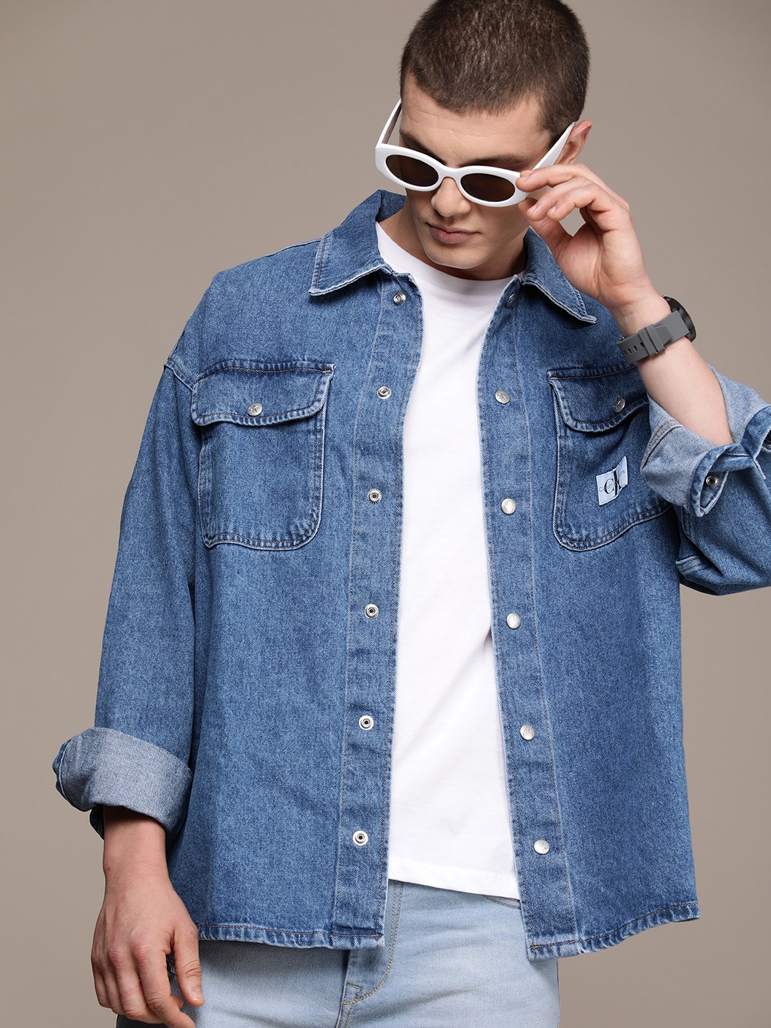 

Calvin Klein Jeans Pure Cotton Oversized Boxy Fit Casual Shirt, Blue