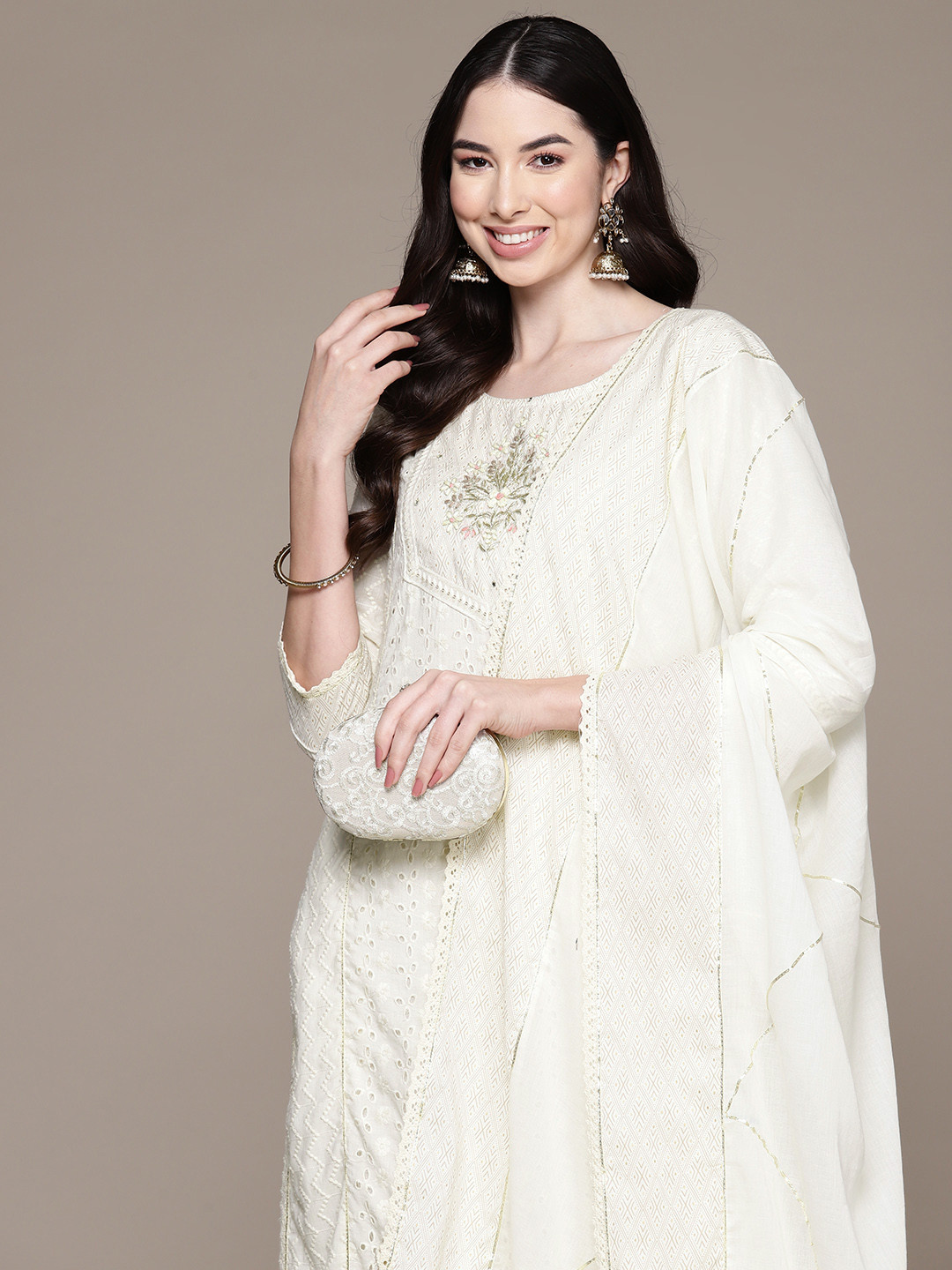 

Ishin Ethnic Motifs Embroidered Thread Work Pure Cotton Kurta with Trousers & Dupatta, Off white