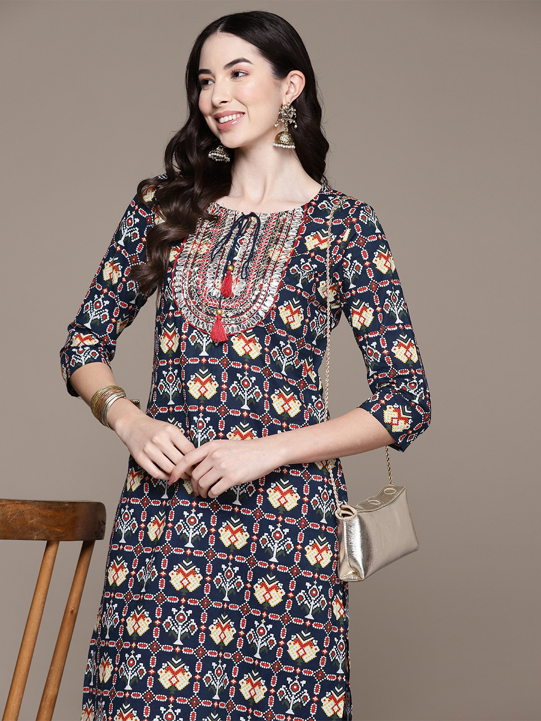 

Ishin Women Ethnic Motifs Printed Cotton Gotta Patti Kurta, Navy blue