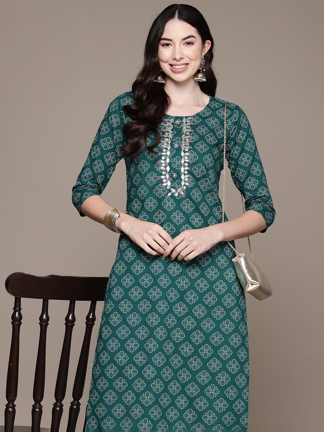 

Ishin Women Bandhani Printed Cotton Gotta Patti Kurta, Teal