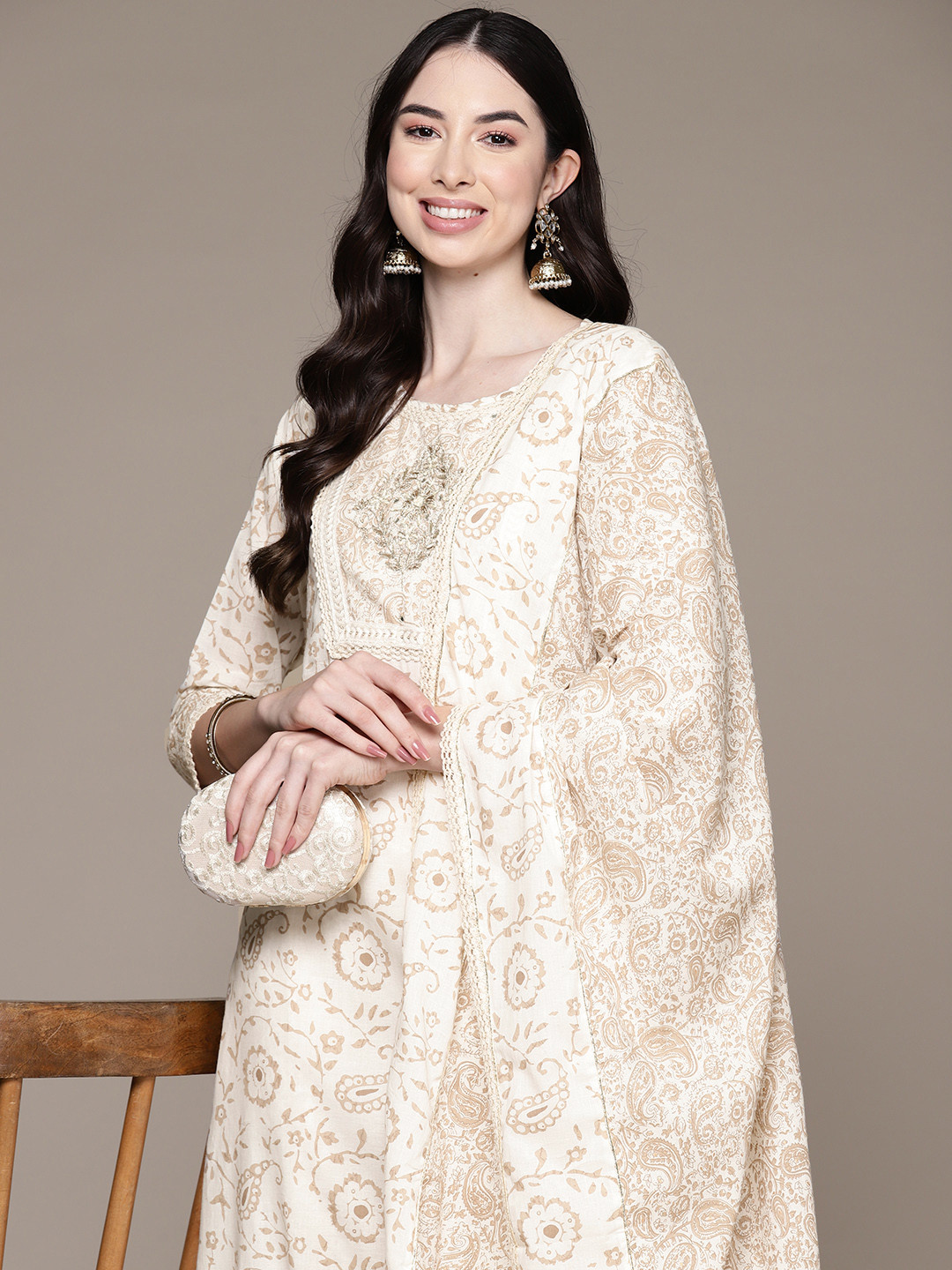 

Ishin Ethnic Motifs Embroidered Beads & Stones Pure Cotton Kurta with Trousers & Dupatta, Off white
