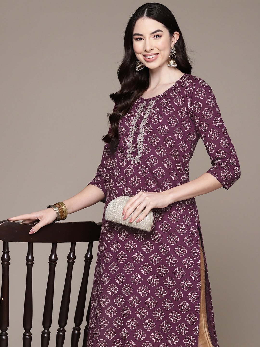 

Ishin Ethnic Motifs Printed Gotta Patti Pure Cotton Kurta, Purple