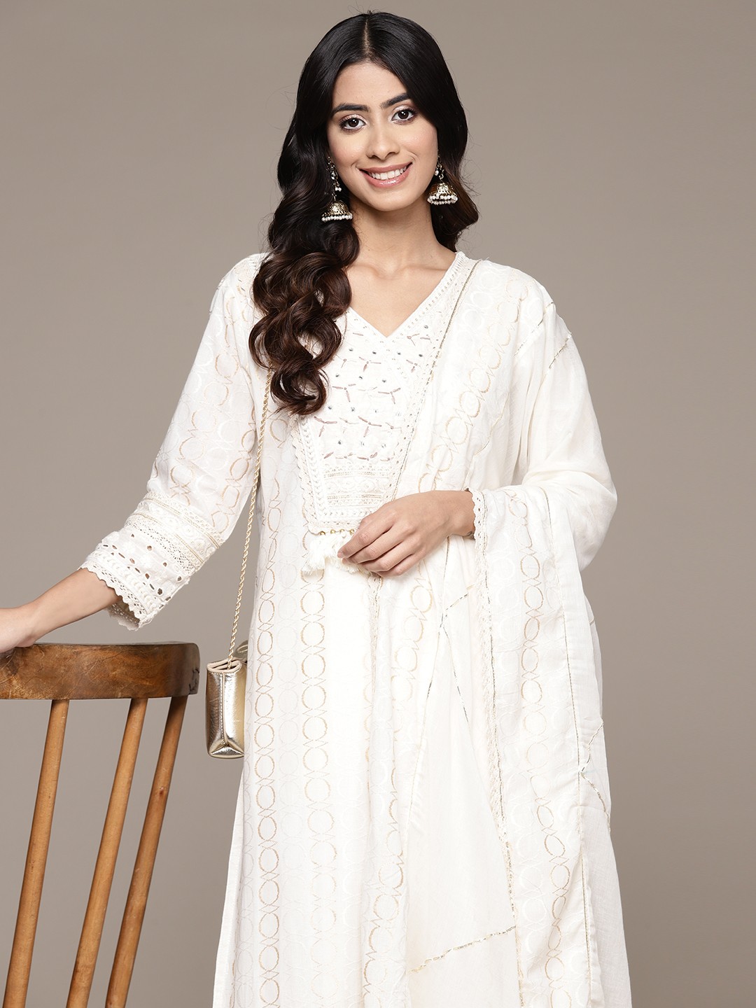 

Ishin Women Ethnic Motifs Embroidered Pure Cotton Kurta with Trousers & With Dupatta, Off white