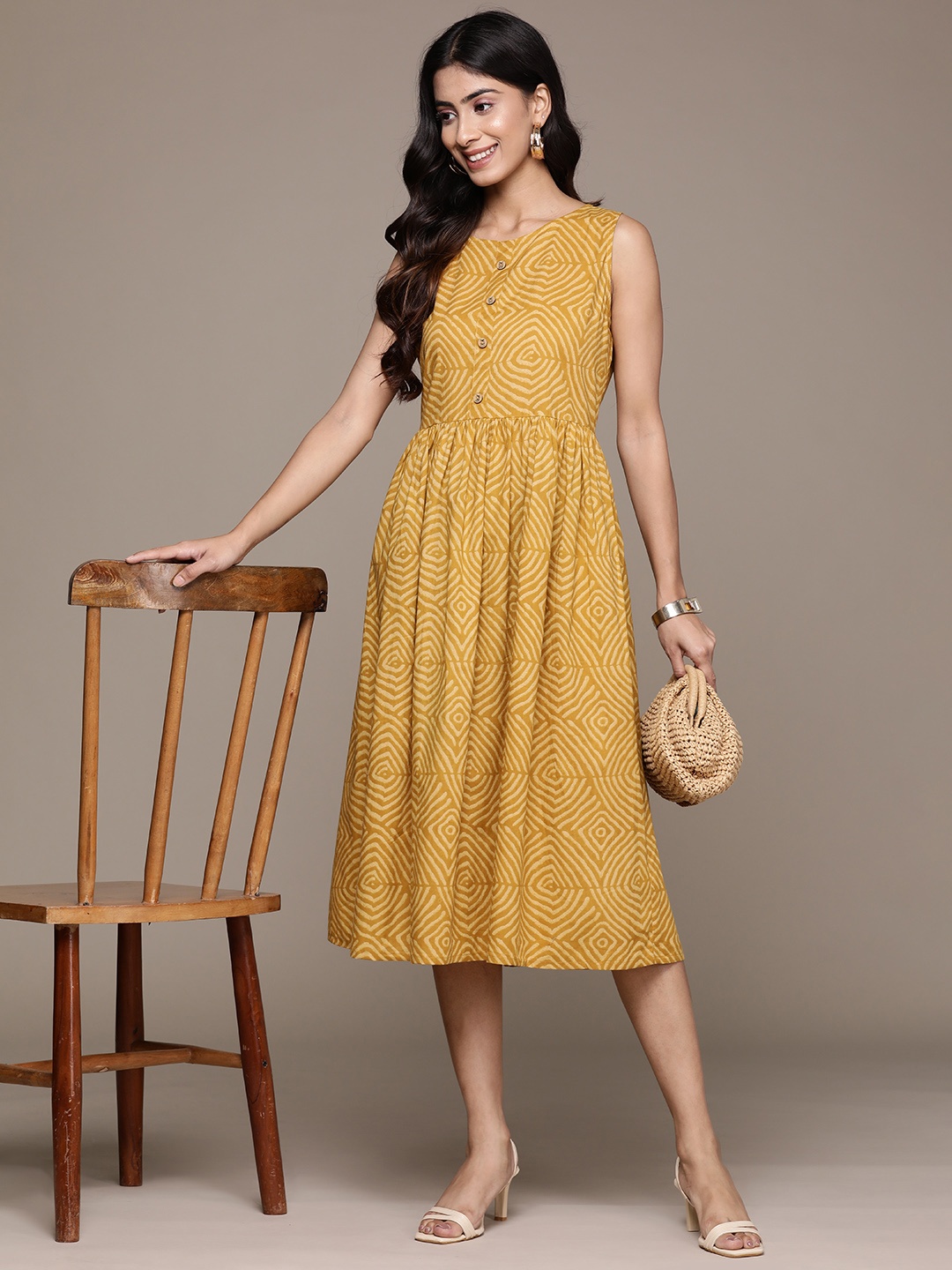 

Anubhutee Print A-Line Cotton Midi Dress, Mustard